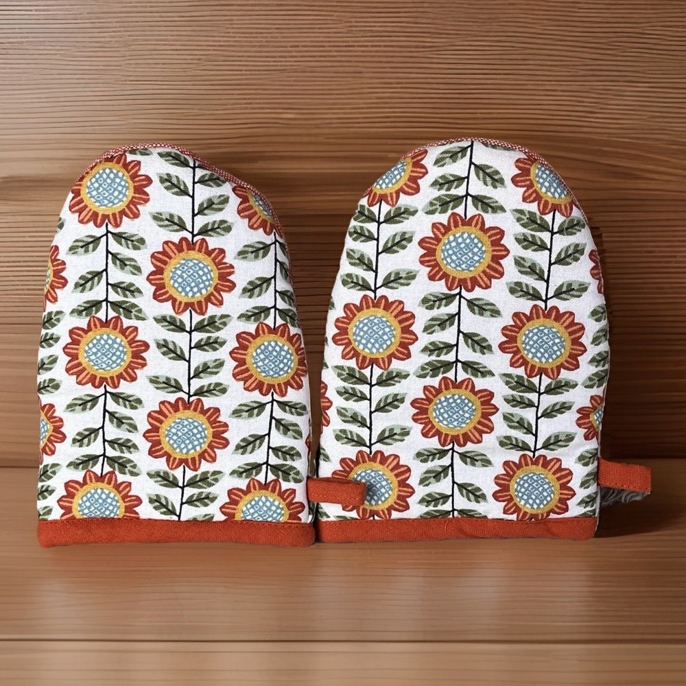 Kay Dee Grabber Oven Mitt Set Autumn In Bloom Sunflowers Pattern Orange Gloves